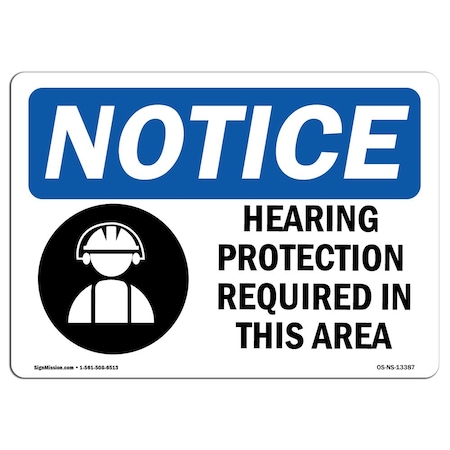 OSHA Notice Sign, Hearing Protection Required With Symbol, 24in X 18in Rigid Plastic